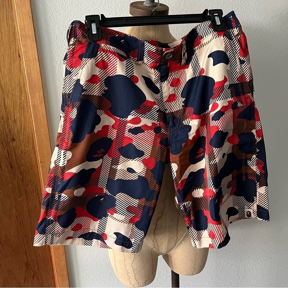 BAPE Plaid Windbreaker SHORTS sz M Red Blue Bathing Ape Japan Polyester